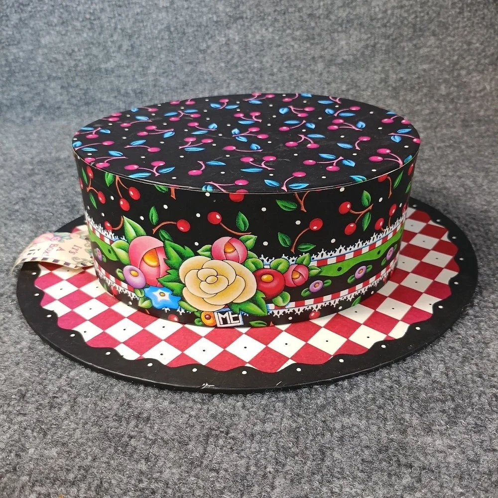 Mary Engelbreit Hat Shaped Gift Box Black Red Cherry Floral Storage